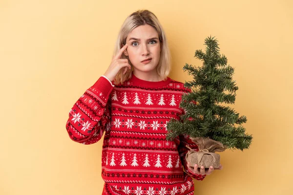 Mujer Caucásica Joven Sosteniendo Pequeño Árbol Navidad Aislado Sobre Fondo —  Fotos de Stock