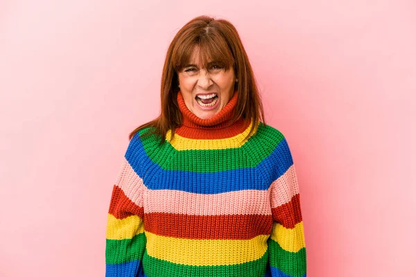 Middle Age Caucasian Woman Wearing Multicolor Sweater Isolated Pink Background — Foto de Stock