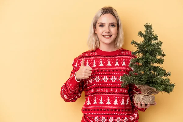 Sarı Arka Planda Izole Edilmiş Küçük Bir Noel Ağacı Tutan — Stok fotoğraf