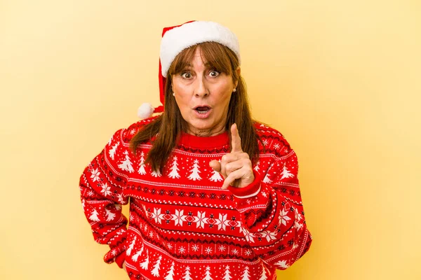 Middle Age Caucasian Woman Celebrating Christmas Isolated Yellow Background Having — Photo