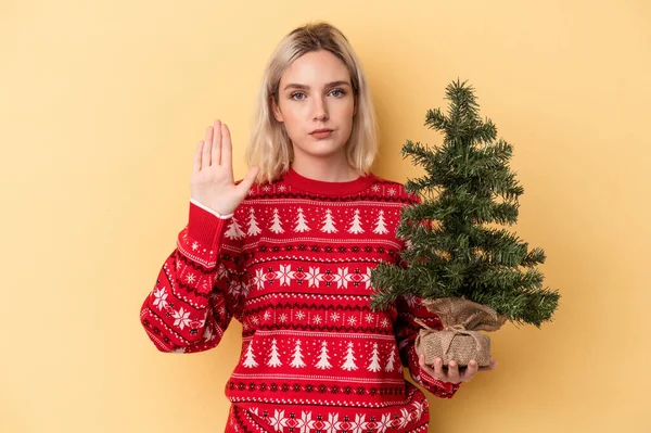Mladá Běloška Drží Malý Vánoční Stromek Izolovaný Žlutém Pozadí Stojí — Stock fotografie