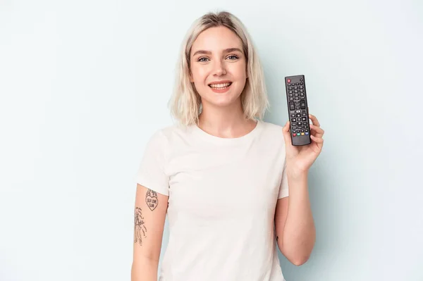 Young Caucasian Woman Holding Controller Isolated Blue Background Happy Smiling — Foto de Stock