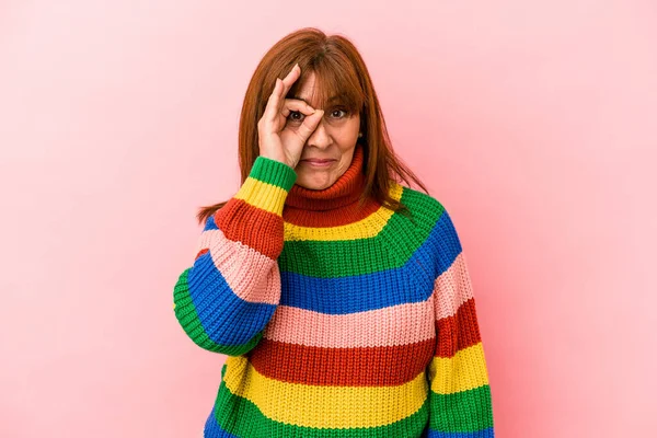 Middle Age Caucasian Woman Wearing Multicolor Sweater Isolated Pink Background —  Fotos de Stock