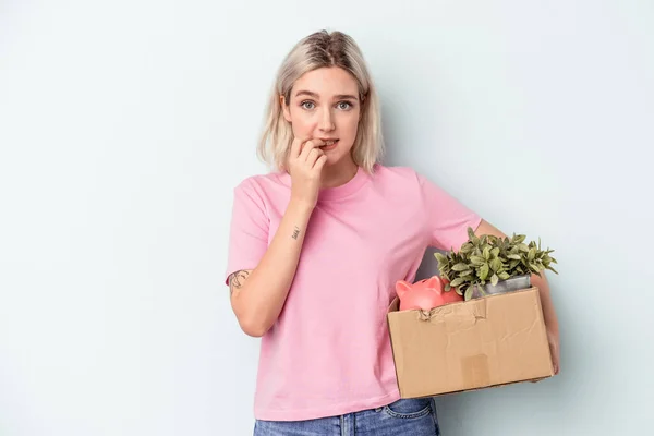 Young Woman Making Move Isolated Background Biting Fingernails Nervous Very — Stock Photo, Image