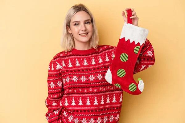 Young Caucasian Woman Holding Elf Sock Isolated Yellow Background Happy — Stock Photo, Image