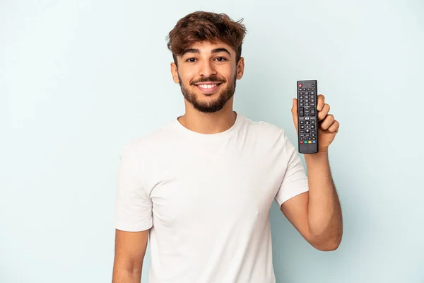 Young Mixed Race Man Holding Controller Isolated Blue Background Happy — Fotografia de Stock