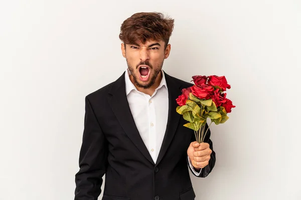 Young Mixed Race Man Holding Bouquet Roses Isolated White Background — Foto Stock