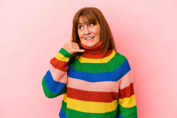 Middle Age Caucasian Woman Wearing Multicolor Sweater Isolated Pink Background — Foto de Stock