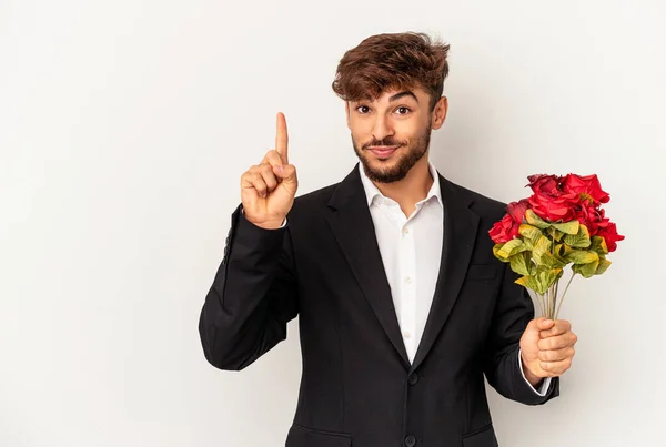 Young Mixed Race Man Holding Bouquet Roses Isolated White Background — Fotografia de Stock