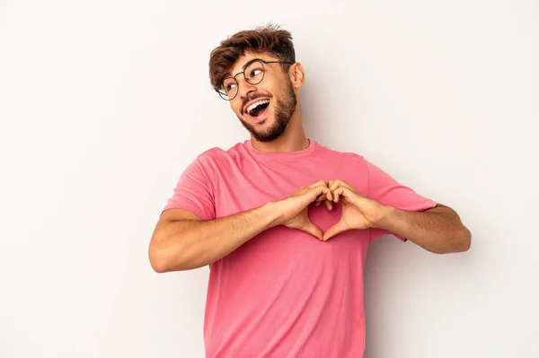 Young Mixed Race Man Isolated Grey Background Smiling Showing Heart — Fotografia de Stock