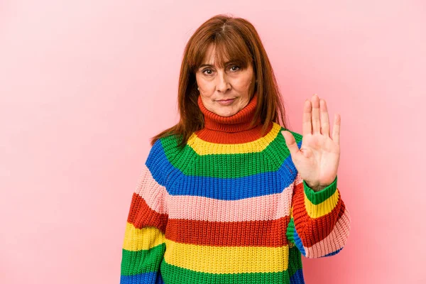 Middle Age Caucasian Woman Wearing Multicolor Sweater Isolated Pink Background —  Fotos de Stock