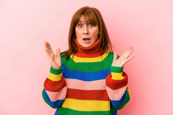 Middle Age Caucasian Woman Wearing Multicolor Sweater Isolated Pink Background —  Fotos de Stock