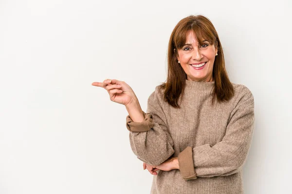 Middle Age Caucasian Woman Isolated White Background Smiling Cheerfully Pointing — ストック写真