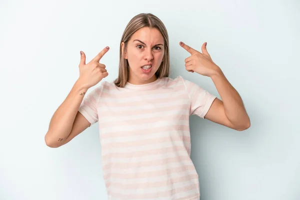 Young Caucasian Woman Isolated Blue Background Showing Disappointment Gesture Forefinger — Stock Photo, Image