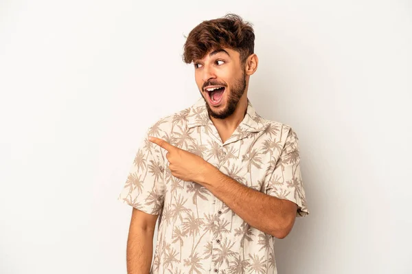 Young Mixed Race Man Isolated Grey Background Looks Aside Smiling — Stockfoto