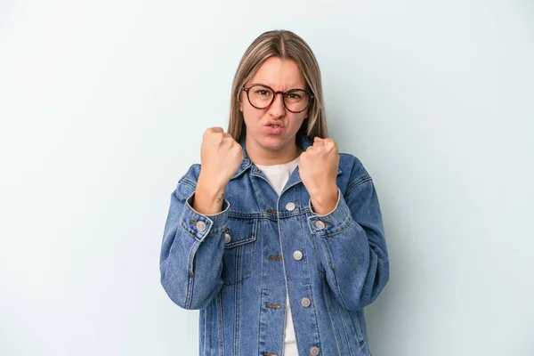 Young Caucasian Woman Isolated Blue Background Showing Fist Camera Aggressive — Stock Photo, Image