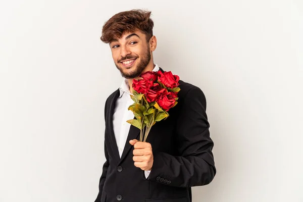 Young Mixed Race Man Holding Bouquet Roses Isolated White Background — Foto Stock