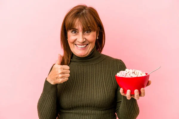 Middle Age Caucasian Woman Holding Bowl Cereals Isolated Pink Background — Fotografia de Stock