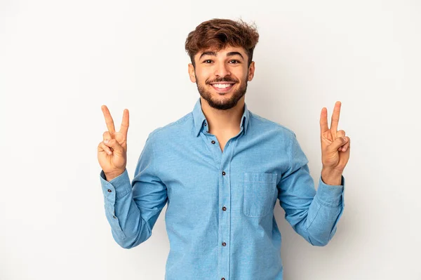 Young Mixed Race Man Isolated Grey Background Showing Victory Sign — ストック写真
