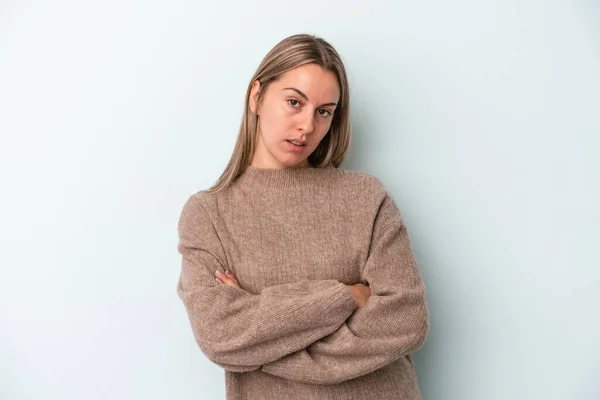 Mulher Caucasiana Jovem Isolado Fundo Azul Que Está Entediado Fatigado — Fotografia de Stock