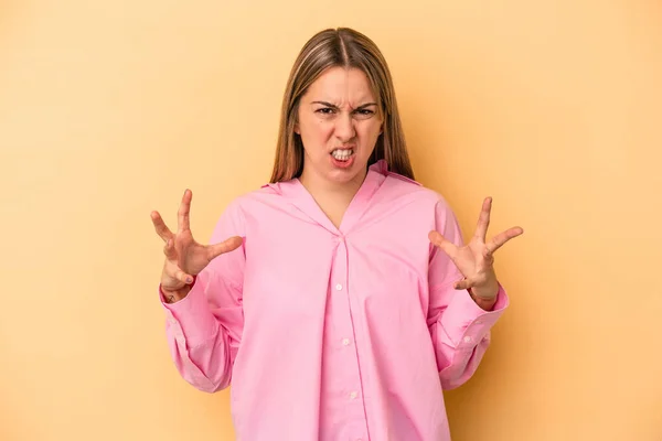 Young Caucasian Woman Isolated Yellow Background Screaming Rage — Stock Photo, Image
