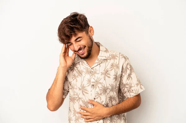 Young Mixed Race Man Isolated Grey Background Laughs Happily Has — Stock Photo, Image