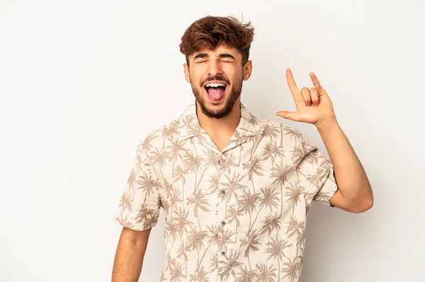 Young Mixed Race Man Isolated Grey Background Showing Rock Gesture — Stockfoto