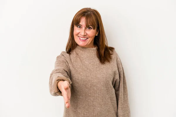 Medioevo Donna Caucasica Isolato Sfondo Bianco Allungamento Mano Macchina Fotografica — Foto Stock