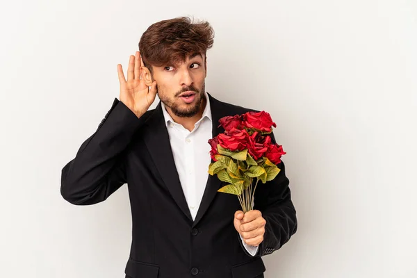 Young Mixed Race Man Holding Bouquet Roses Isolated White Background — Foto Stock