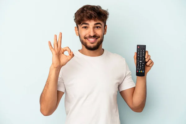 Young Mixed Race Man Holding Controller Isolated Blue Background Cheerful — Fotografia de Stock