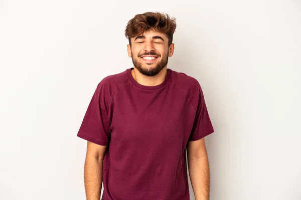 Young Mixed Race Man Isolated Grey Background Laughs Closes Eyes — Stock Fotó