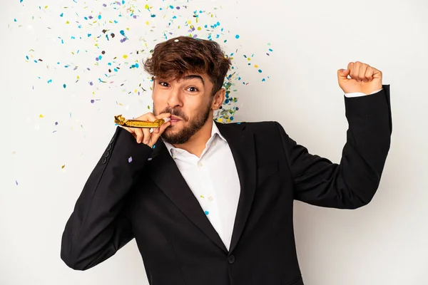 Young Mixed Race Man Holding New Year Props Isolated White — ストック写真