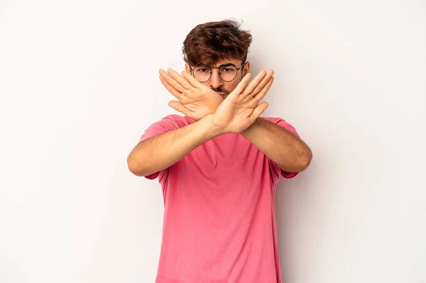 Young Mixed Race Man Isolated Grey Background Doing Denial Gesture — Foto Stock