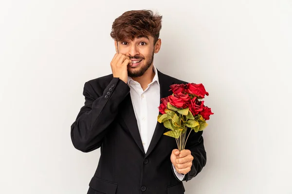Young Mixed Race Man Holding Bouquet Roses Isolated White Background — Foto Stock