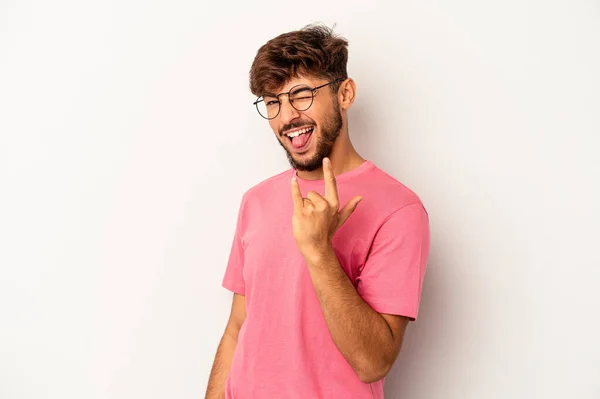 Young Mixed Race Man Isolated Grey Background Showing Rock Gesture — 图库照片