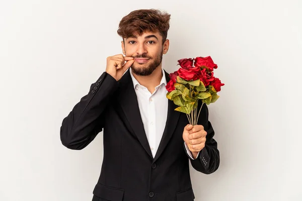 Young Mixed Race Man Holding Bouquet Roses Isolated White Background — Foto Stock