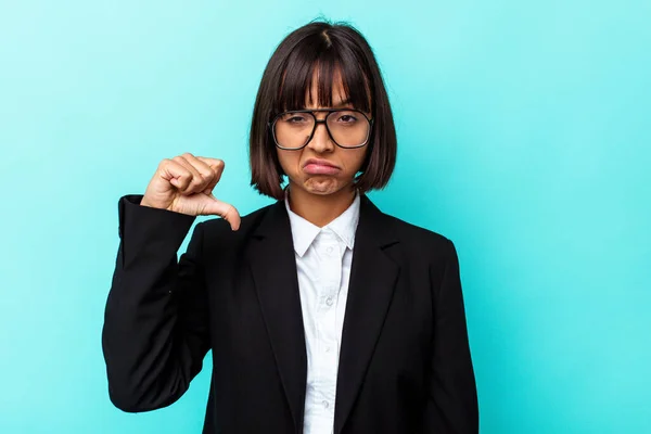 Young Business Mixed Race Woman Isolated Blue Background Showing Dislike — Stock Photo, Image