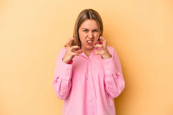 Young Caucasian Woman Isolated Yellow Background Upset Screaming Tense Hands — Stock Photo, Image