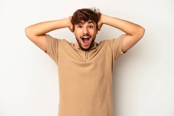 Young Mixed Race Man Isolated Grey Background Screaming Very Excited — Fotografia de Stock