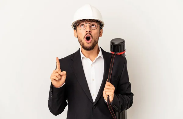 Young Mixed Race Architect Man Wearing Helmet Isolated Grey Background — Zdjęcie stockowe