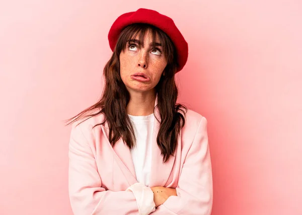 Young Argentinian Woman Isolated Pink Background Tired Repetitive Task — 스톡 사진