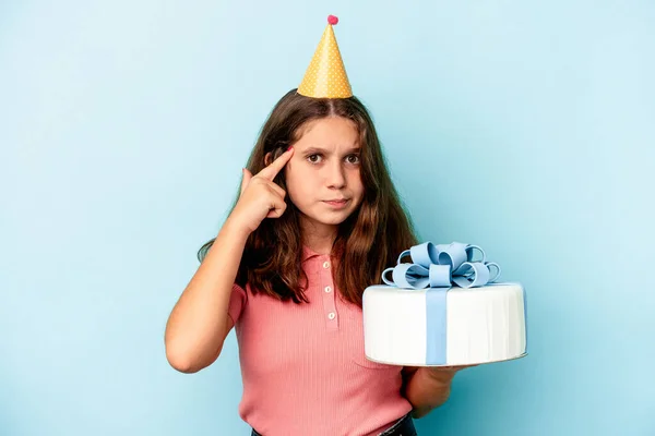 Little Caucasian Girl Celebrating Her Birthday Holding Cake Isolated Blue — 스톡 사진