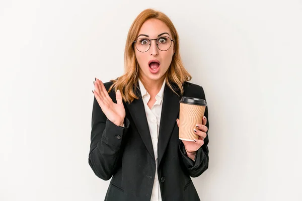 Young Business Caucasian Woman Holding Take Away Coffee Isolated White —  Fotos de Stock