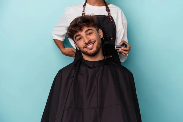 Young Arab Man Ready Get Haircut Isolated Blue Background — Stock Photo, Image