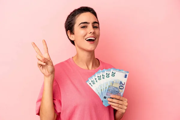 Young Caucasian Woman Holding Banknotes Isolated Pink Background Joyful Carefree — Stock Photo, Image