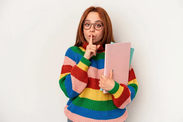 Young Student Caucasian Woman Isolated White Background Keeping Secret Asking — Stok fotoğraf