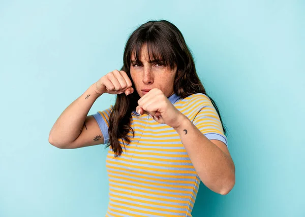Young Argentinian Woman Isolated Blue Background Throwing Punch Anger Fighting —  Fotos de Stock