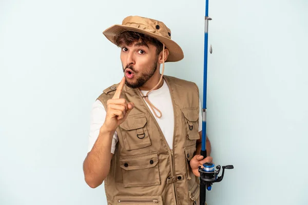 Young Mixed Race Fisherman Holding Rod Isolated Blue Background Having — 图库照片