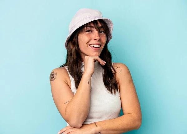 Young Argentinian Woman Isolated Blue Background Smiling Happy Confident Touching — 스톡 사진