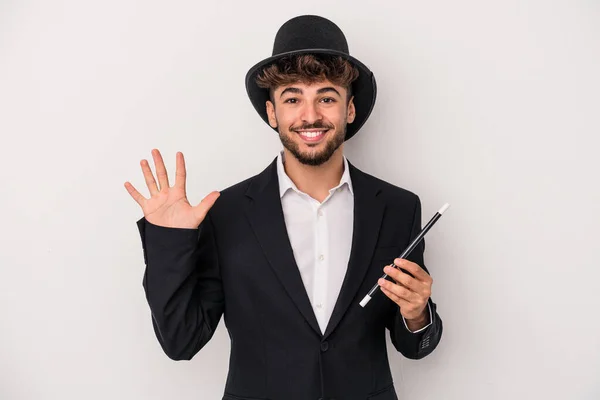 Young Arab Wizard Man Holding Wand Isolated White Background Smiling — Stock fotografie